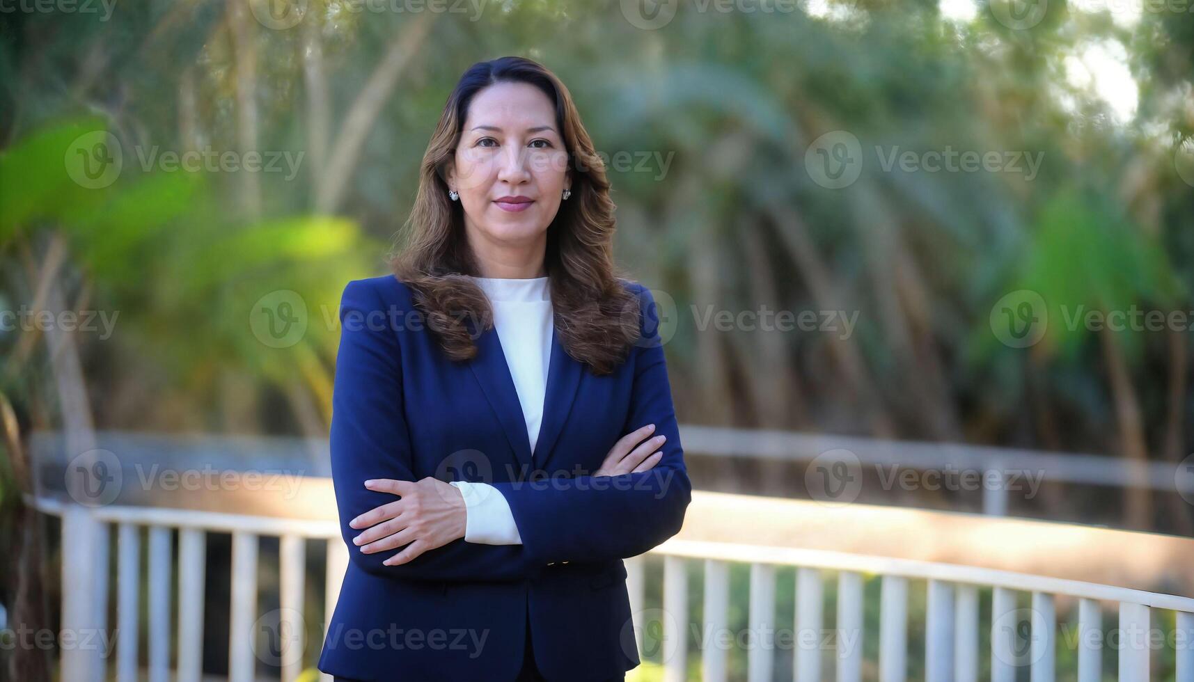 AI generated photo of beautiful middle aged asian woman with suit standing at garden, generative AI