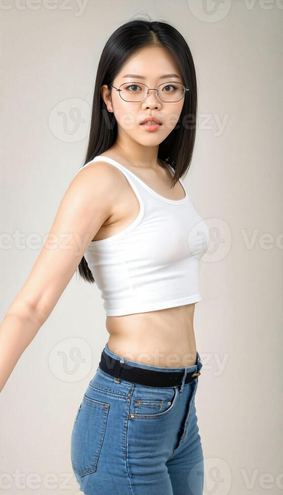 AI generated photo of beautiful young asian woman with crop white top and jeans standing at white backdrop, generative AI