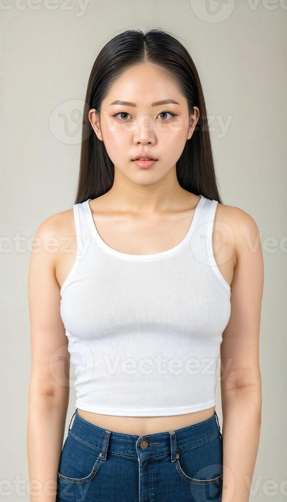 AI generated photo of beautiful young asian woman with crop white top and jeans standing at white backdrop, generative AI