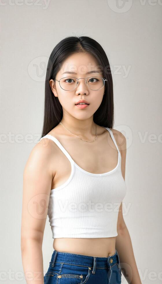 AI generated photo of beautiful young asian woman with crop white top and jeans an glasses standing at white backdrop, generative AI