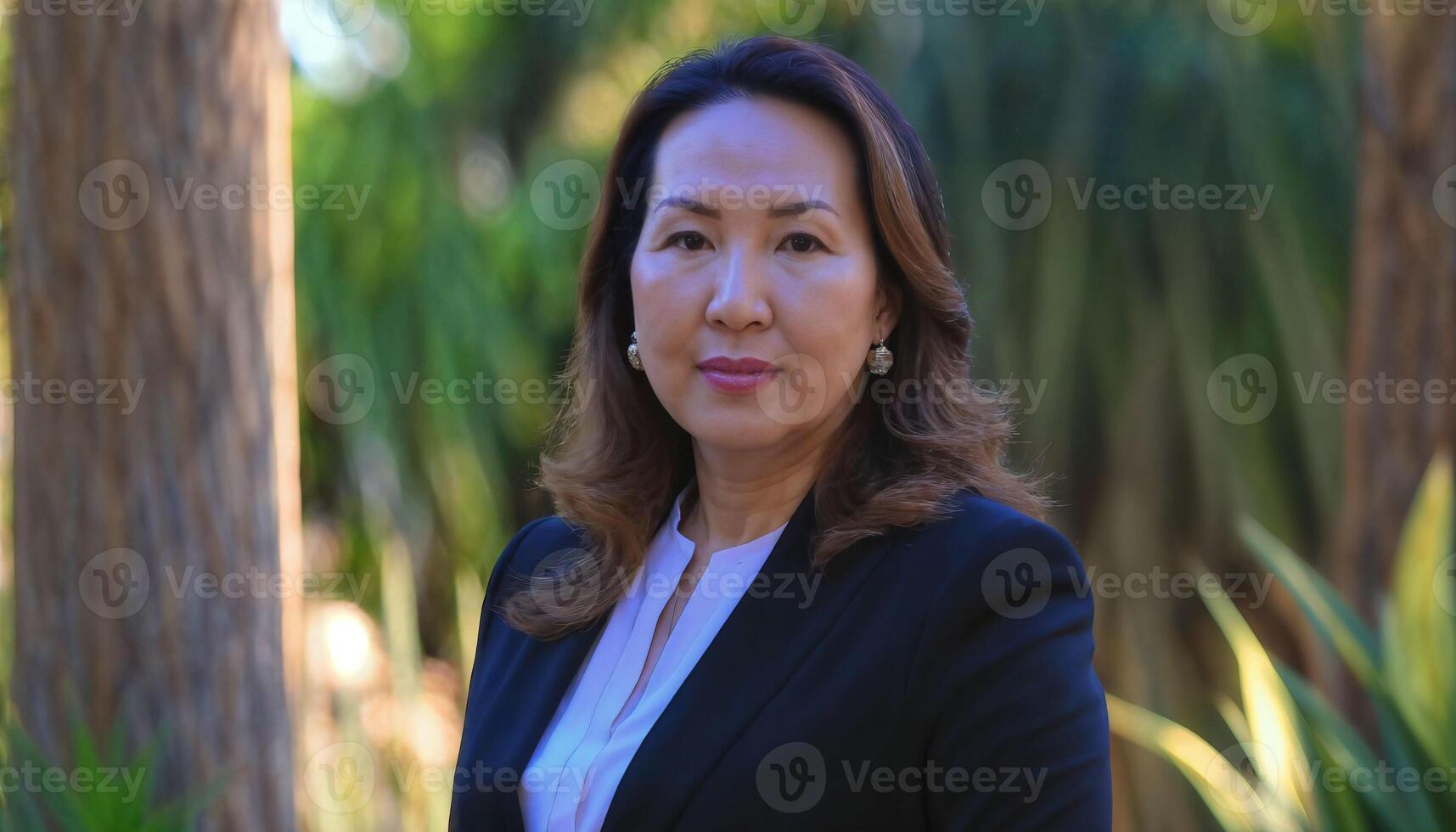 AI generated photo of beautiful middle aged asian woman with suit standing at garden, generative AI