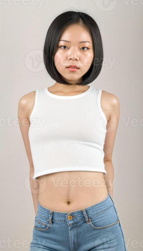 AI generated photo of beautiful young asian woman with crop white top and jeans standing at white backdrop, generative AI