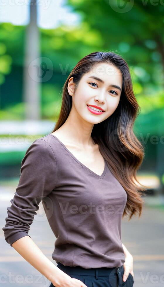 AI generated photo of beautiful asian woman with brown top posing standing at pavement street, generative AI