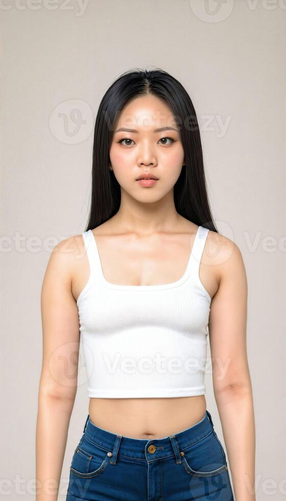 AI generated photo of beautiful young asian woman with crop white top and jeans standing at white backdrop, generative AI