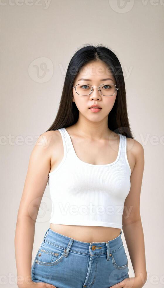 AI generated photo of beautiful young asian woman with crop white top and jeans an glasses standing at white backdrop, generative AI