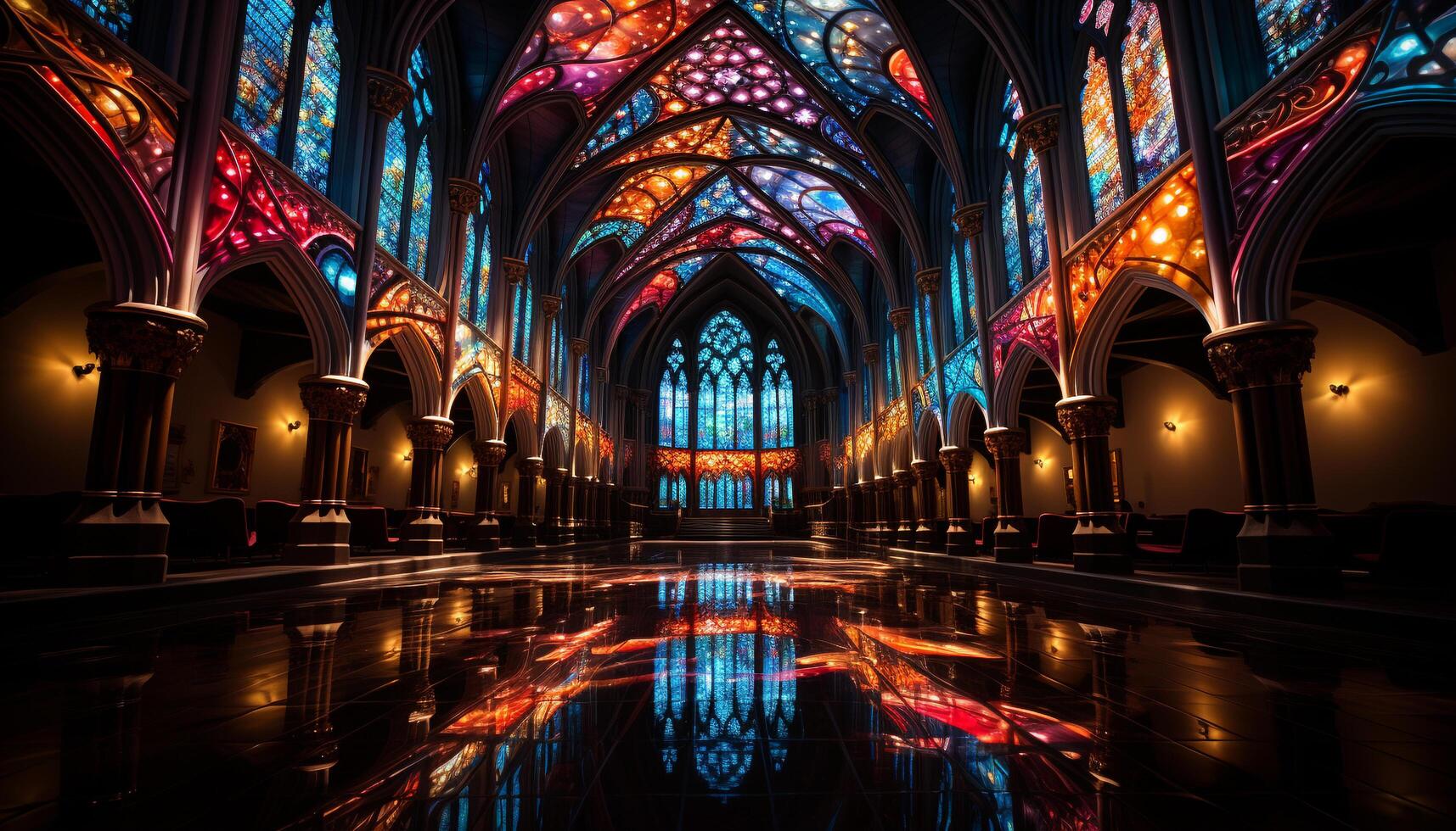 AI generated Gothic cathedral, history, religion, spirituality, illuminated window generated by AI photo