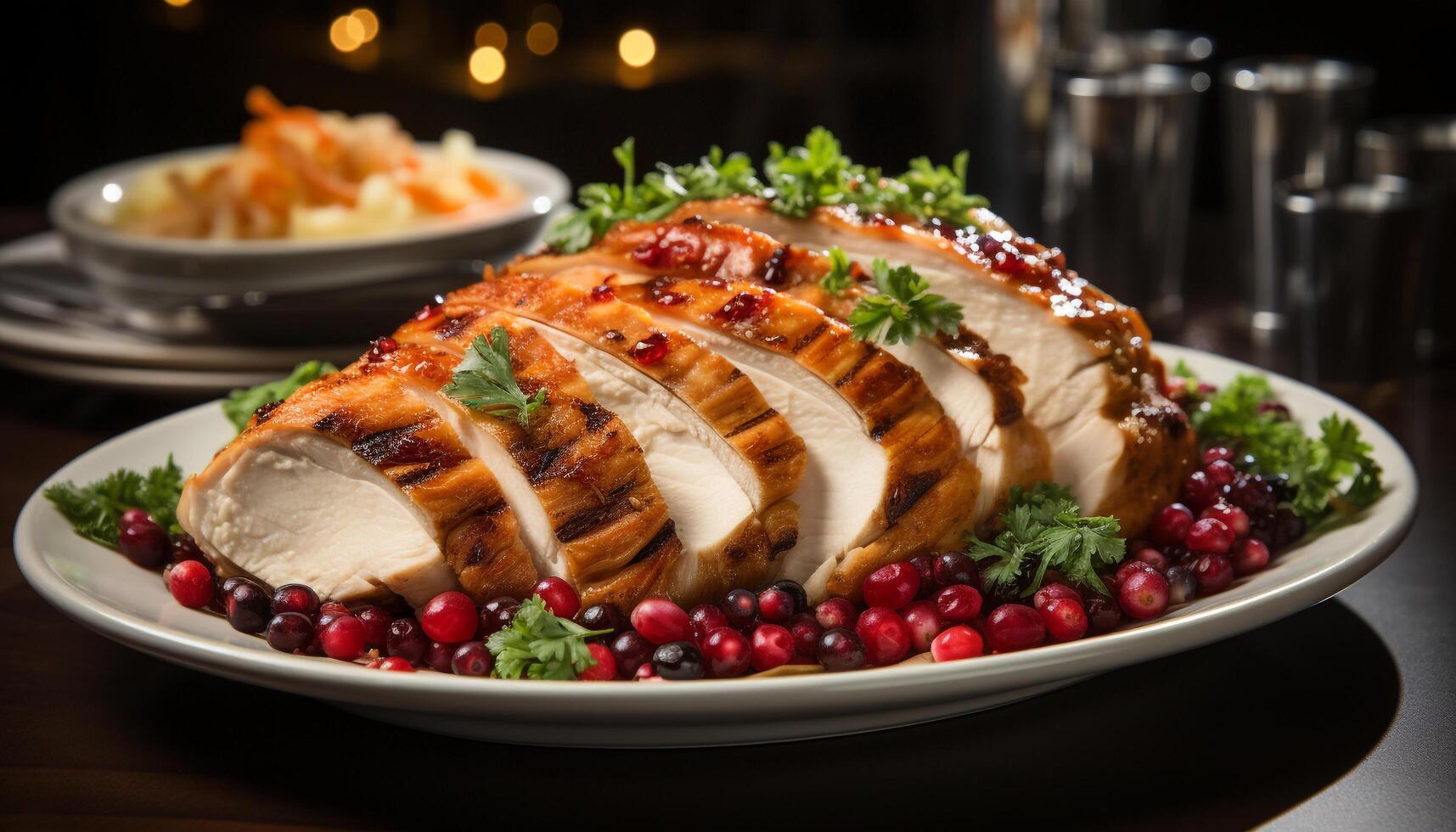AI generated Grilled meat slice on gourmet plate with cranberry generated by AI photo