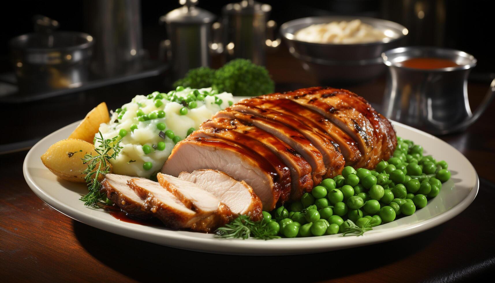 AI generated Grilled meat slice on plate, ready to eat generated by AI photo