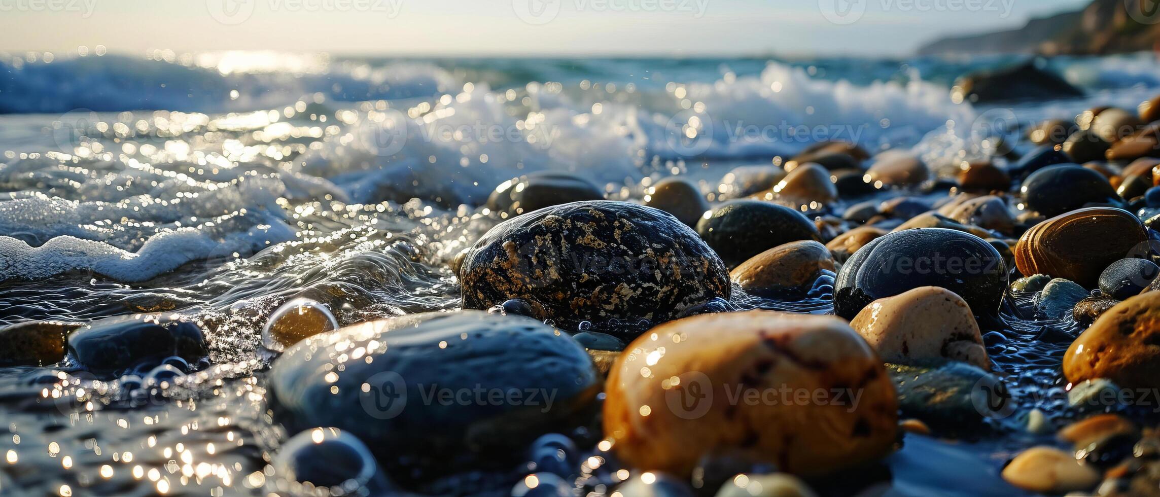 AI generated Wet pebbles glisten on the shore as waves break gently in the golden light of sunrise photo