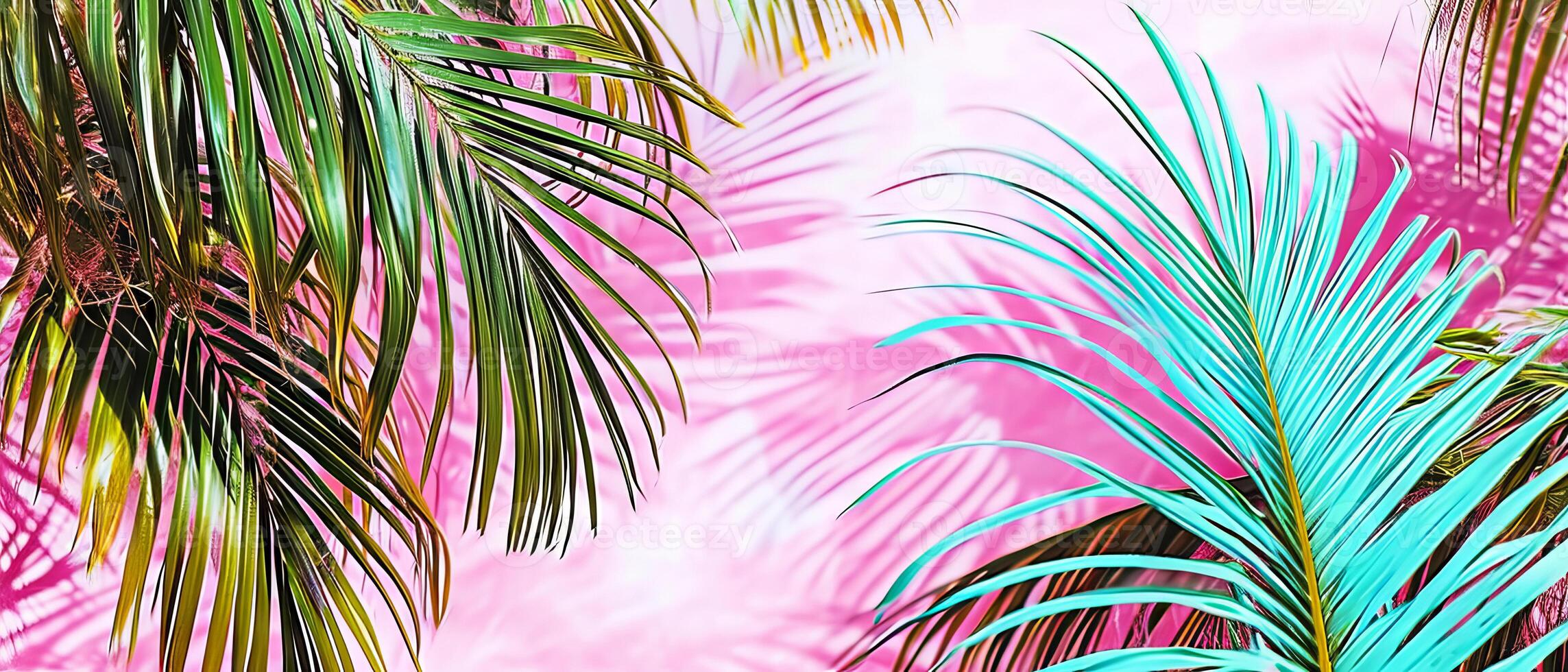 AI generated Lush tropical palm leaves with teal and natural green tones set against a vivid pink background photo