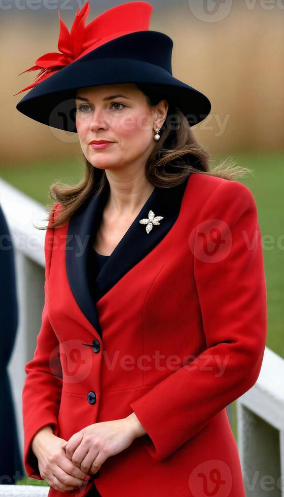 AI generated photo of beautiful lady europe woman with red coat and hat standing at garden, generative AI