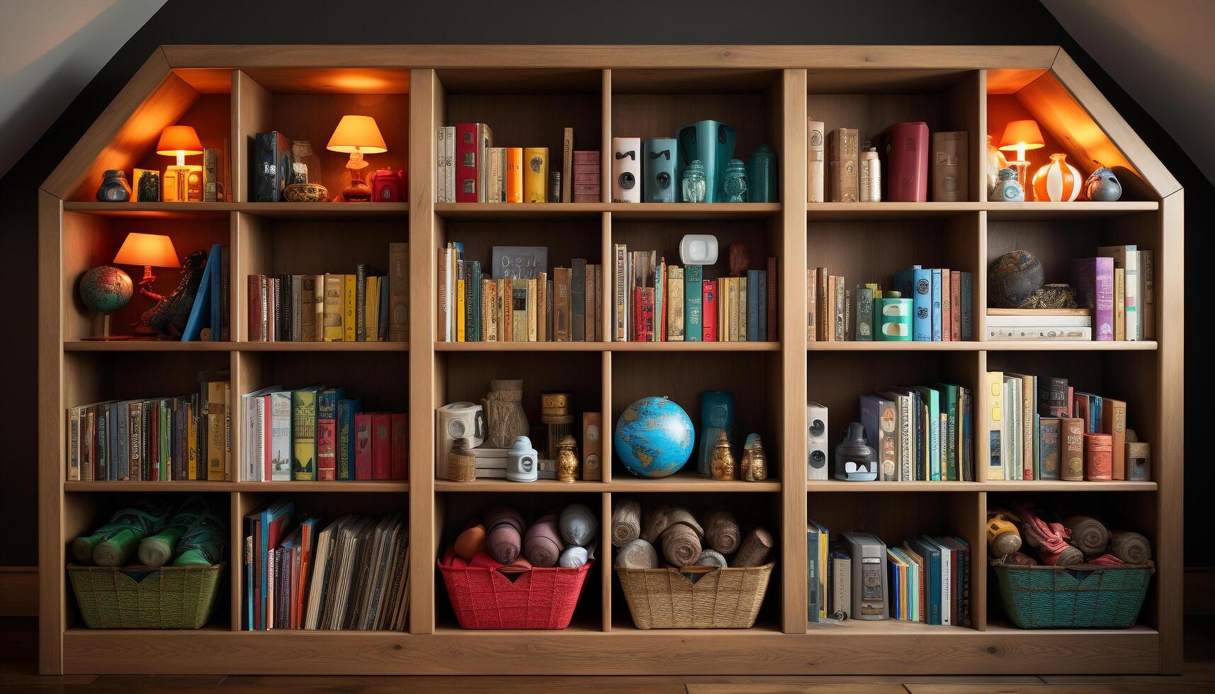 AI generated Wooden bookshelf holds large collection of literature generated by AI photo