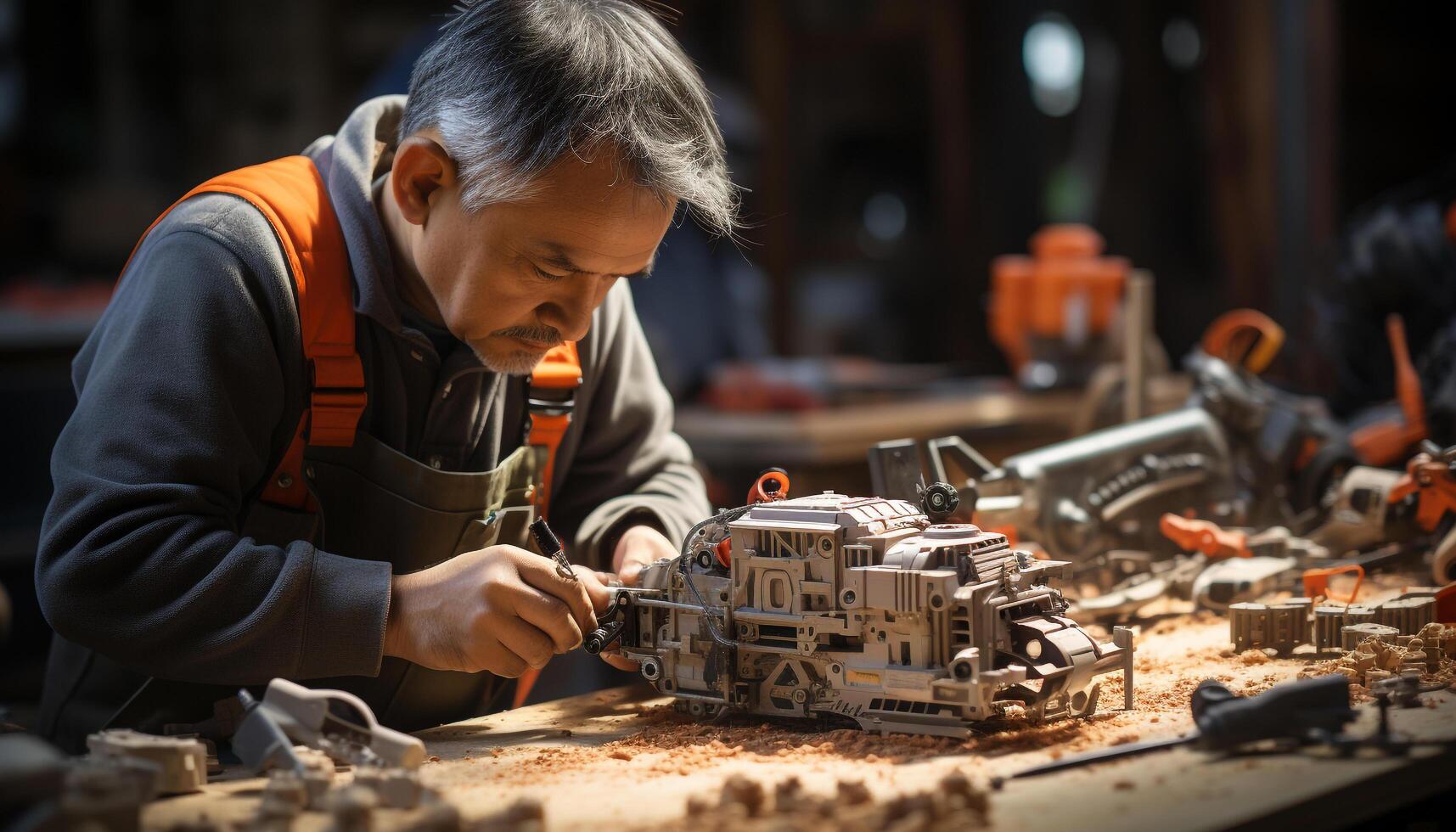 AI generated Carpenter working indoors, holding plank, manufacturing wood generated by AI photo