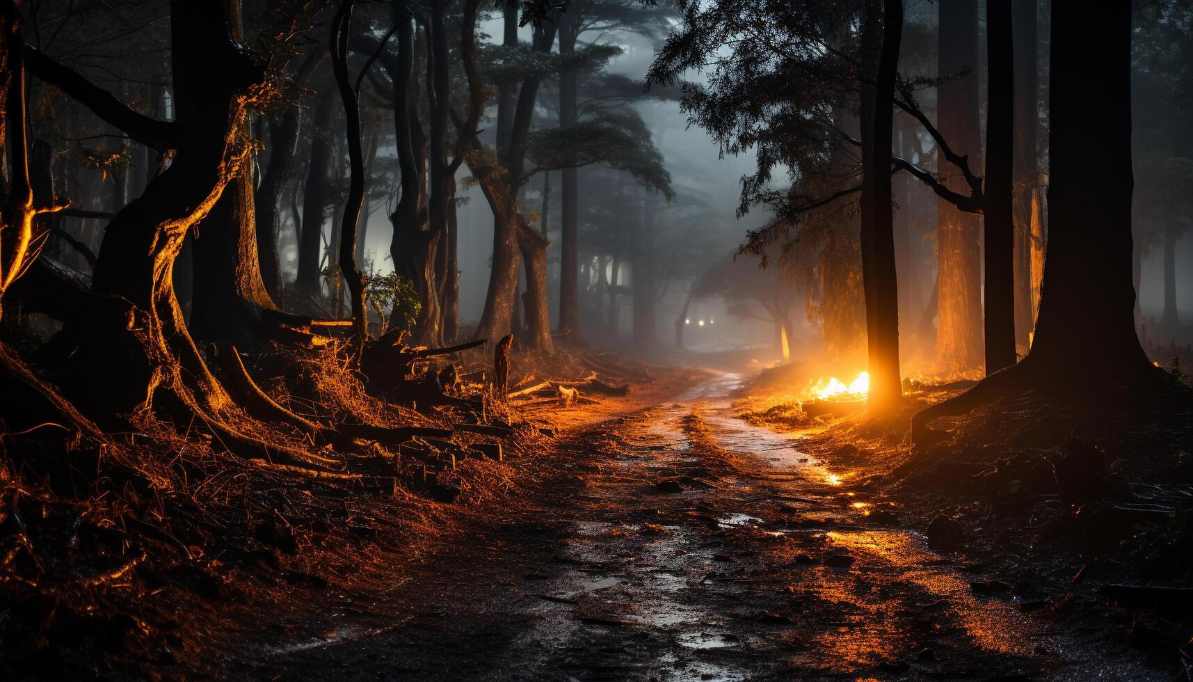 AI generated Spooky autumn forest, dark mystery in nature generated by AI photo