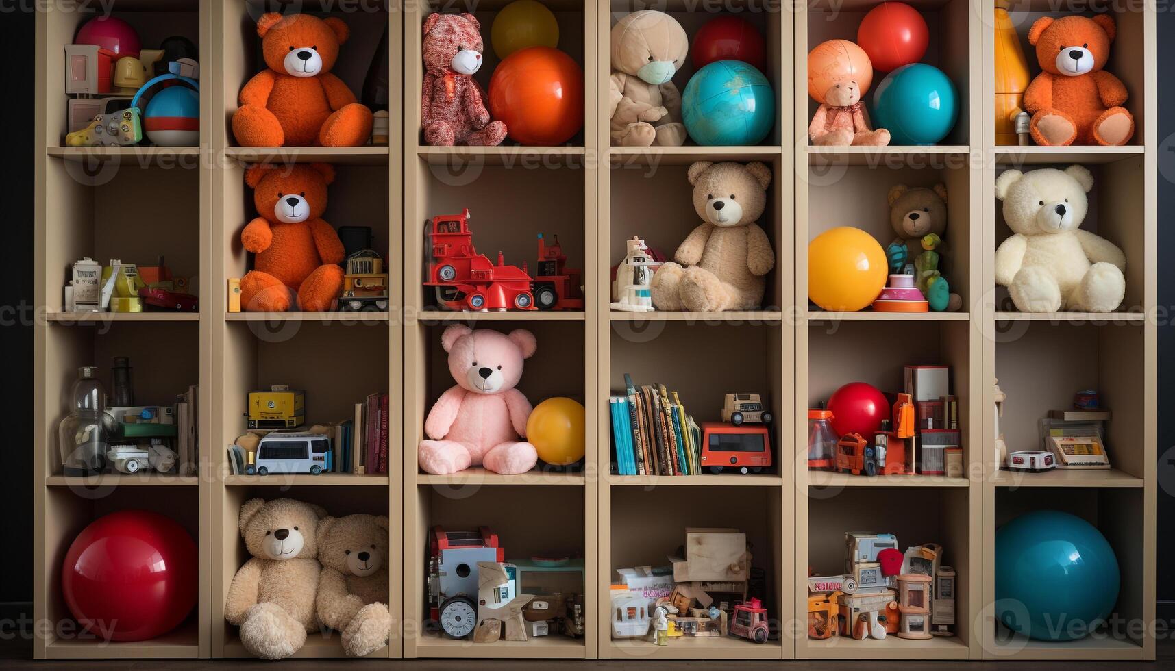 AI generated Cute teddy bear sitting on shelf, bringing joy generated by AI photo