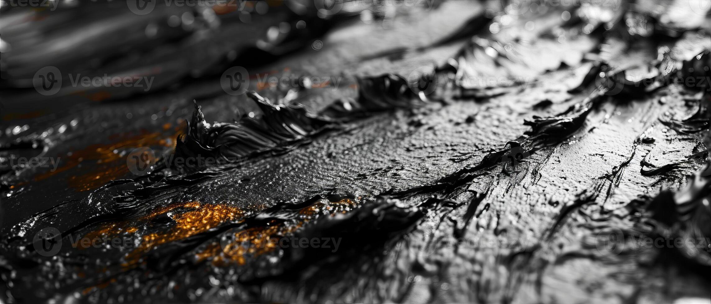AI generated Macro photography of textured black paint with hints of orange photo