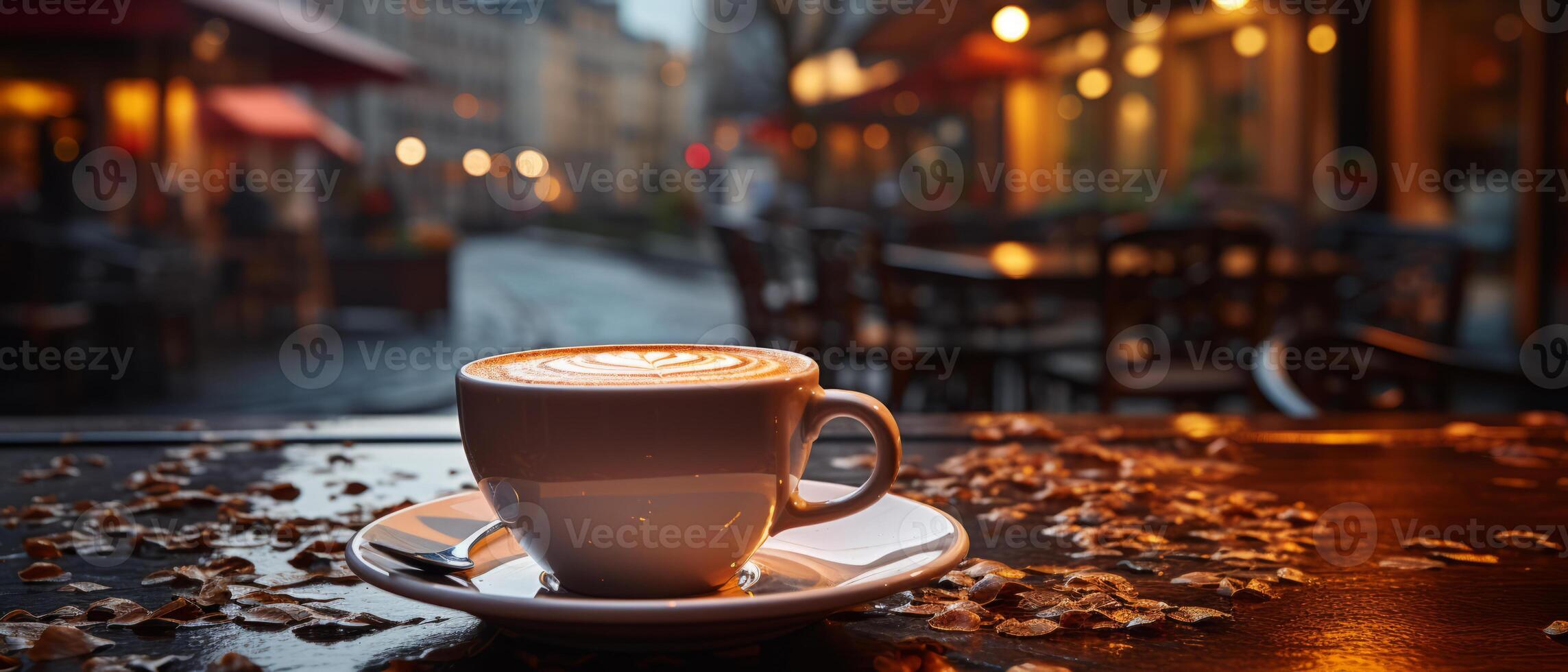 ai generado Café exprés en ciudad calle a crepúsculo foto