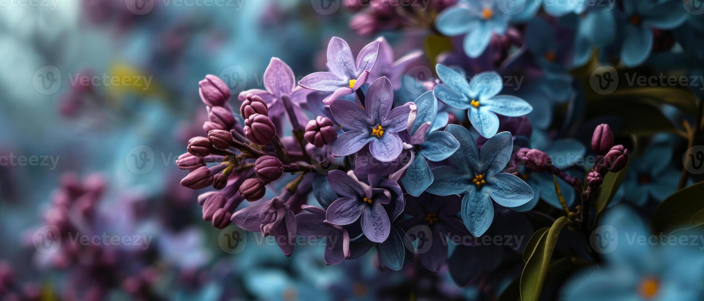 AI generated Close-up of purple lilac flowers basking in the warm golden hour sunlight, evoking a serene springtime mood photo