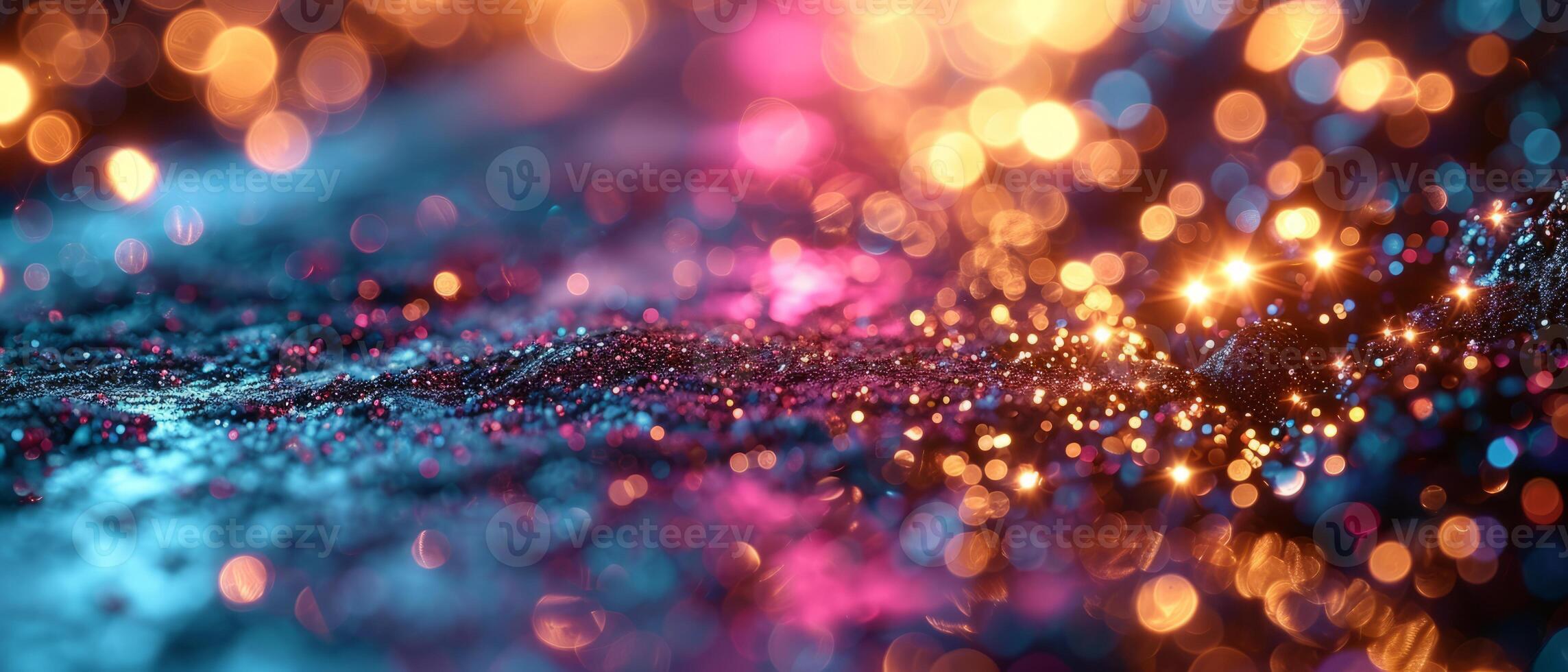 AI generated Vibrant neon lights reflecting on a wet, glitter-covered surface photo