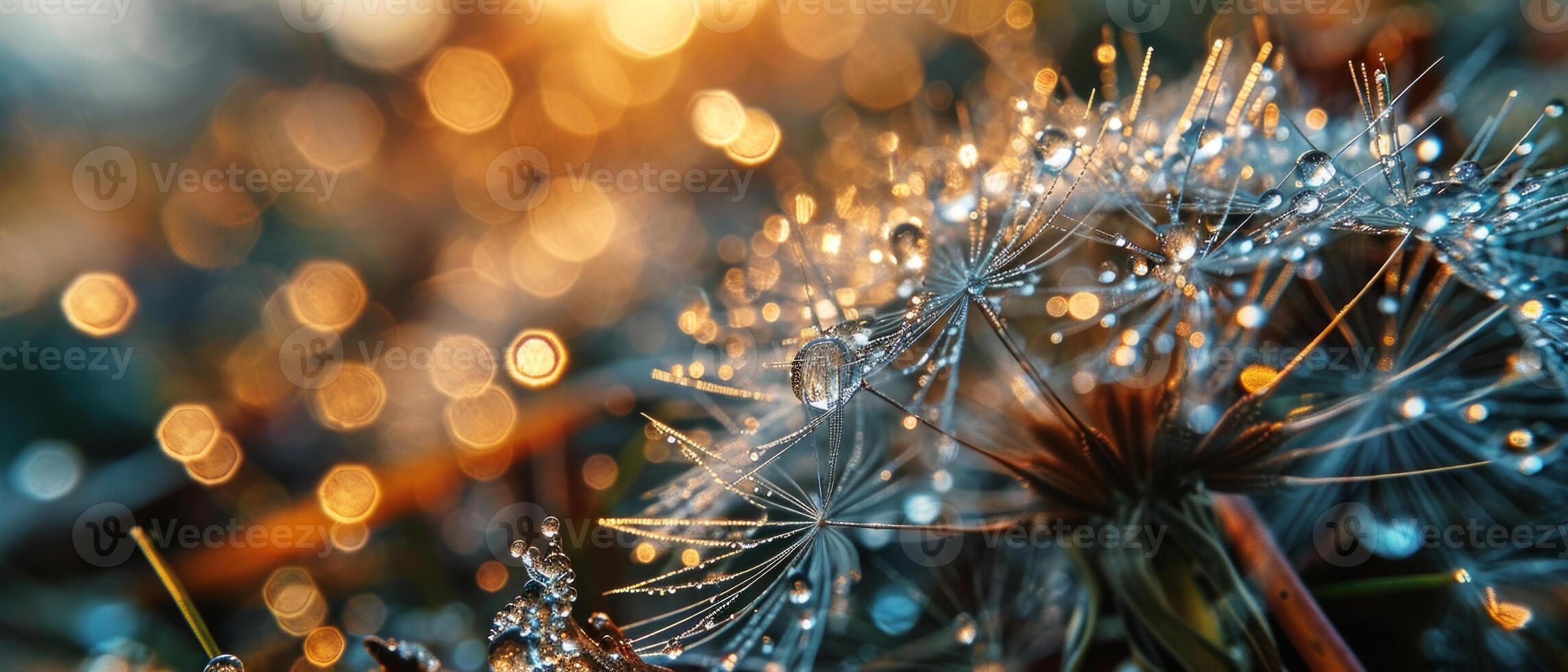 AI generated Macro photography of dandelion seeds with glistening water droplets, showcasing nature's intricate beauty and patterns photo