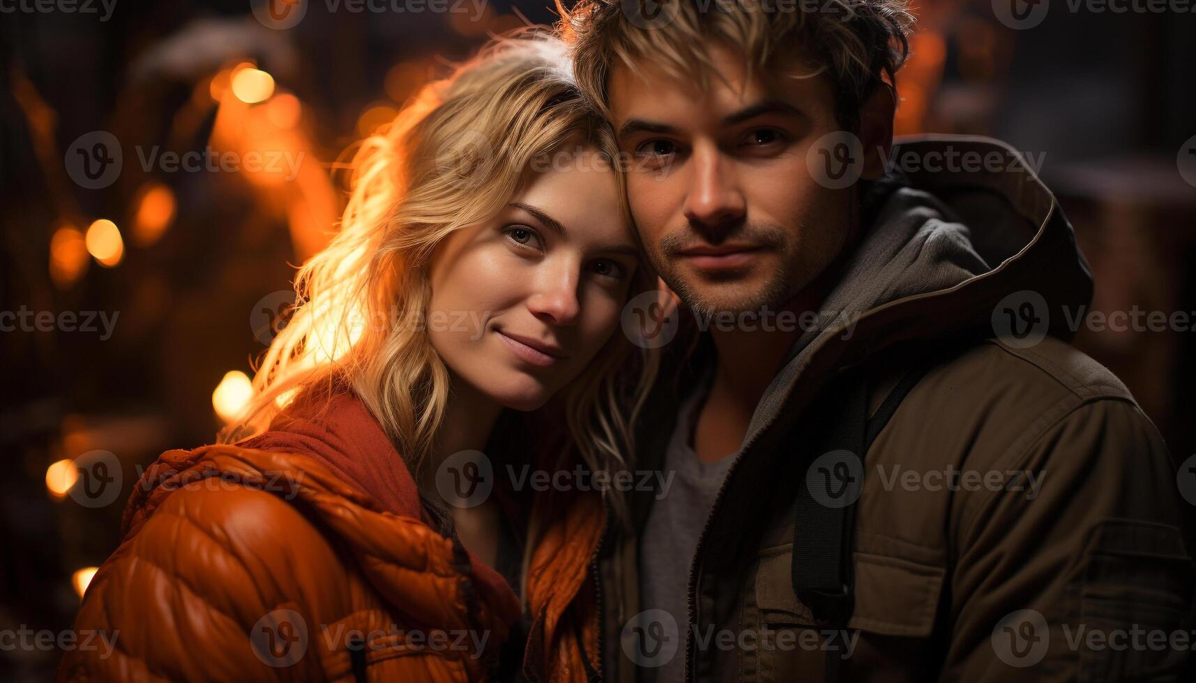 AI generated Smiling couple embracing, enjoying winter nature together generated by AI photo