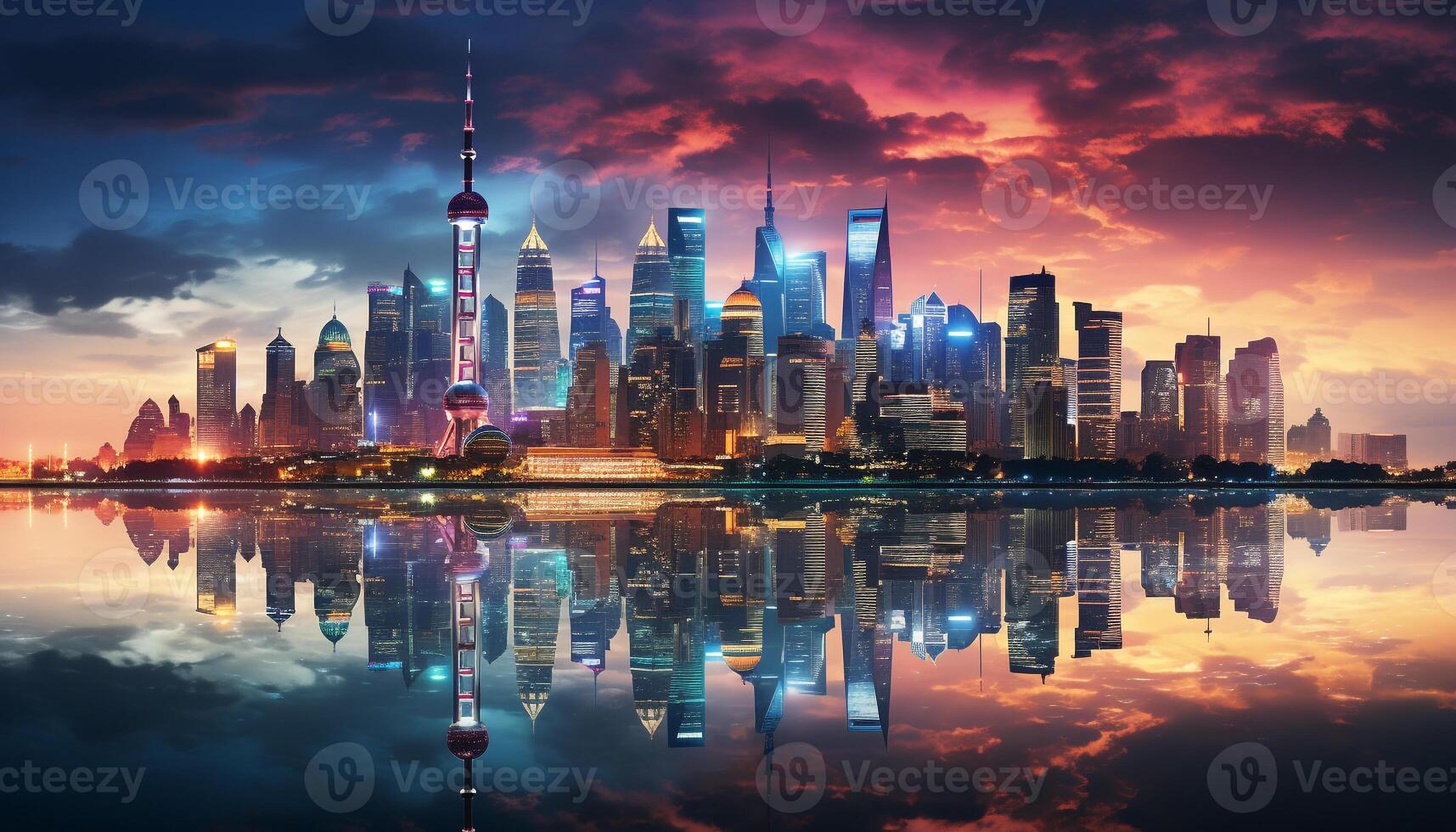 AI generated Vibrant skyline reflects in twilight water, illuminating city generated by AI photo