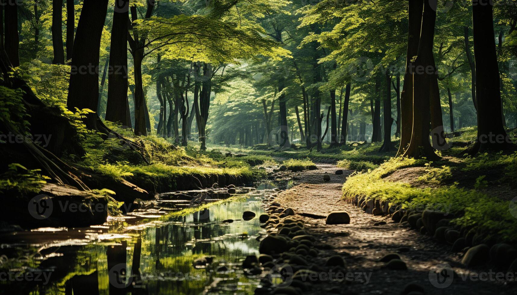 AI generated Tranquil scene of green forest, flowing water generated by AI photo