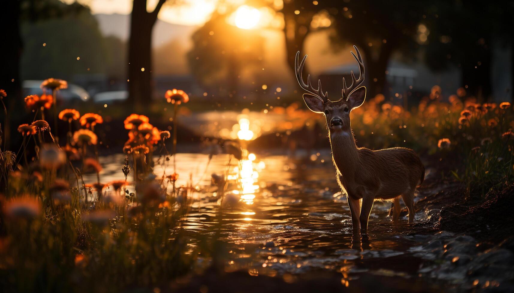 AI generated Deer standing in forest, backlit by sunset generated by AI photo