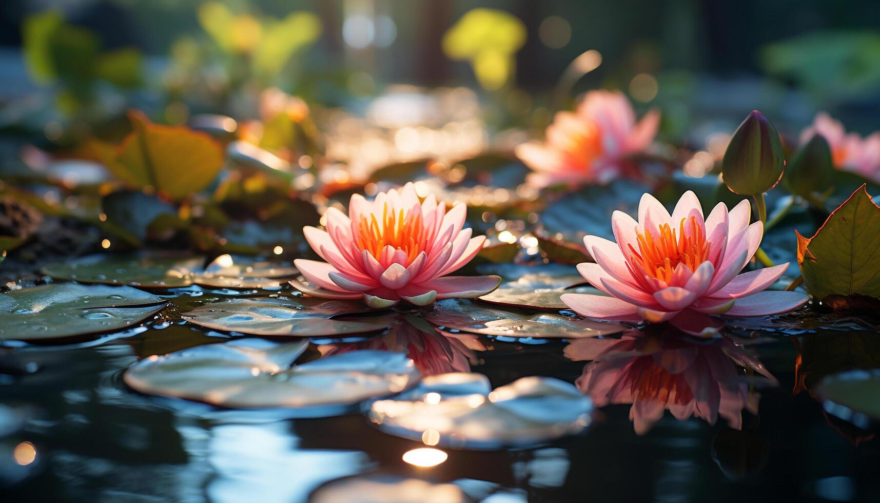 AI generated Tranquil scene, lotus flower reflects elegance on water generated by AI photo