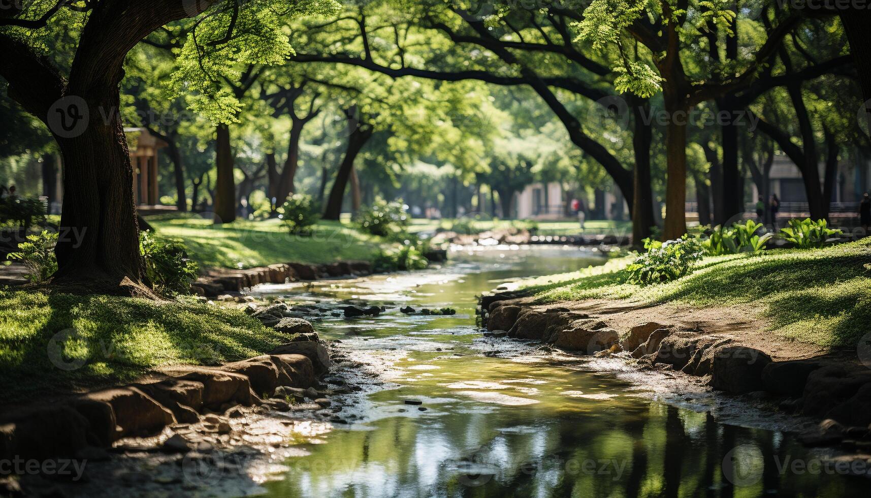 AI generated Green leaves reflect in tranquil pond, nature beauty generated by AI photo