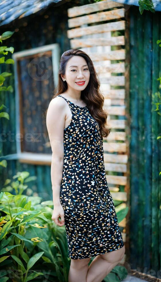 AI generated photo of beautiful asian woman with print top posing standing at garden, generative AI