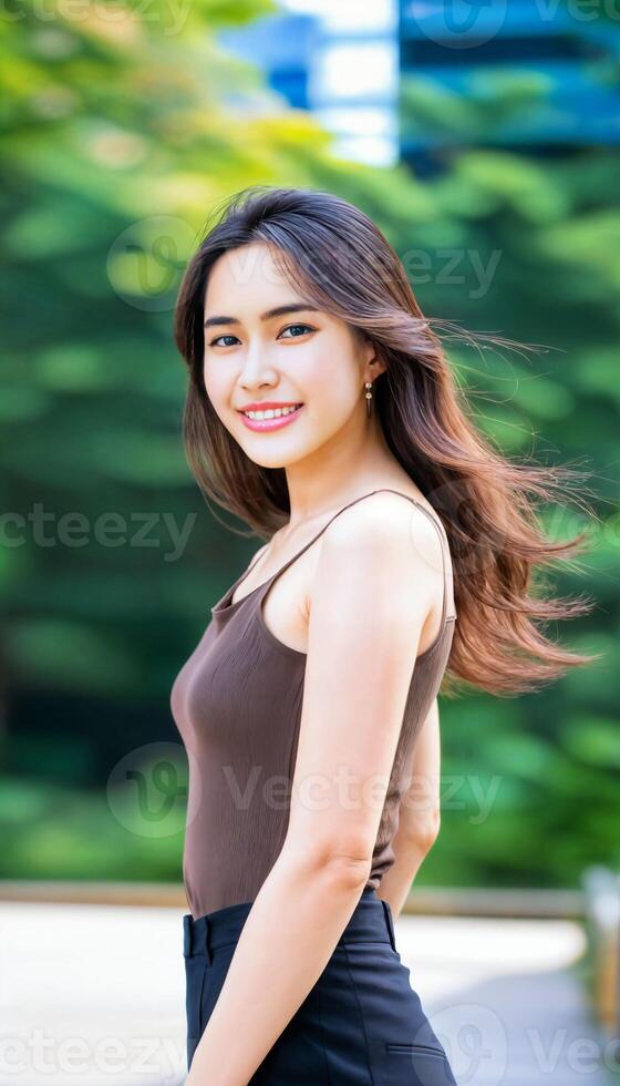 AI generated photo of beautiful asian woman with brown top posing standing at pavement street, generative AI