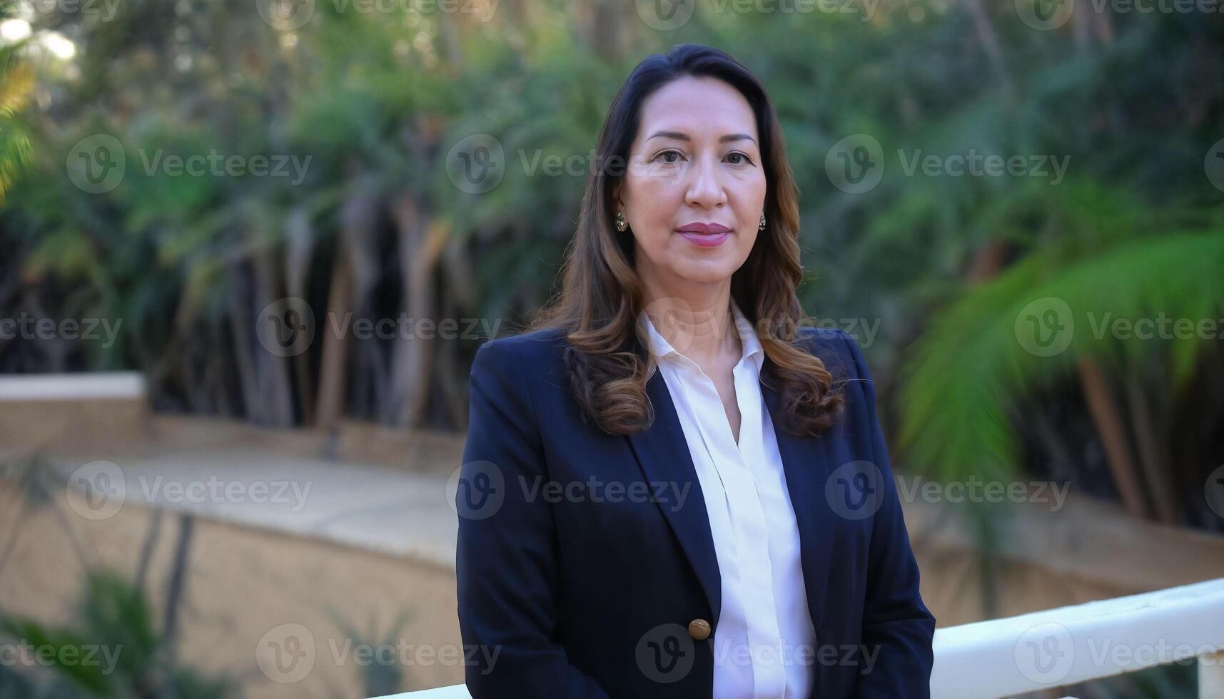 AI generated photo of beautiful middle aged asian woman with suit standing at garden, generative AI