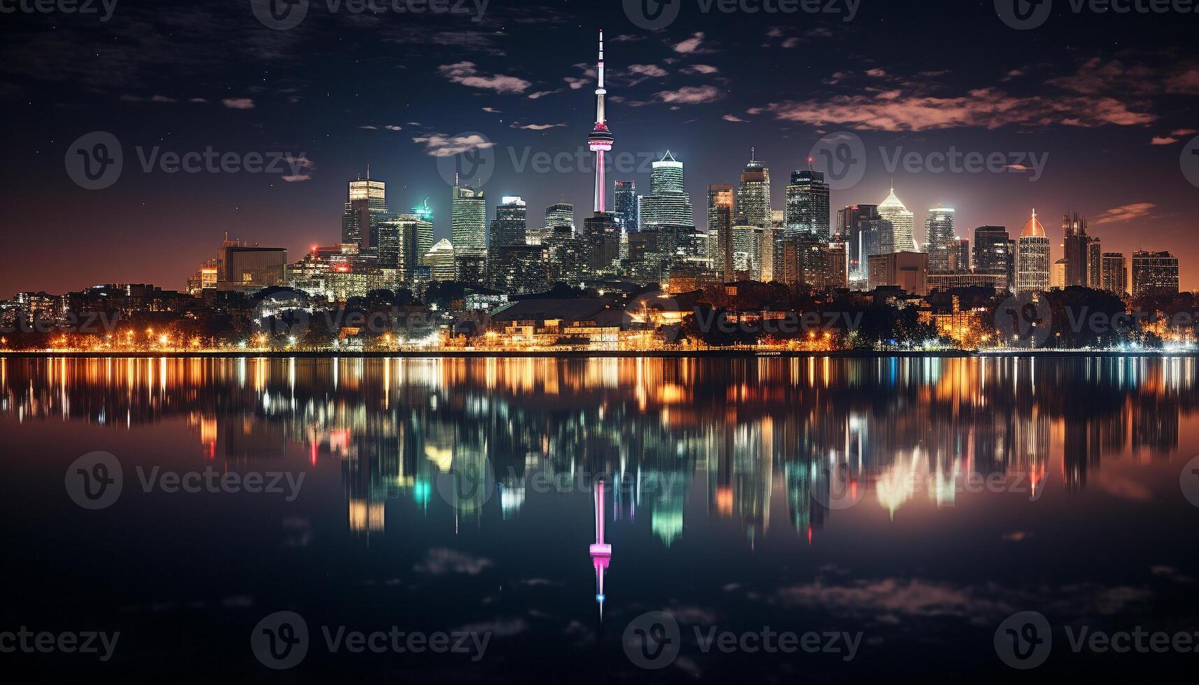AI generated Bright skyline reflects on water, illuminating city life generated by AI photo