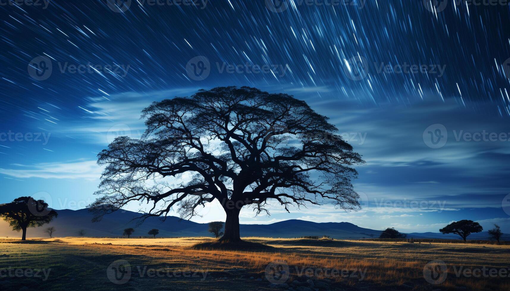 ai generado silueta de árbol en contra brillante lechoso camino galaxia generado por ai foto