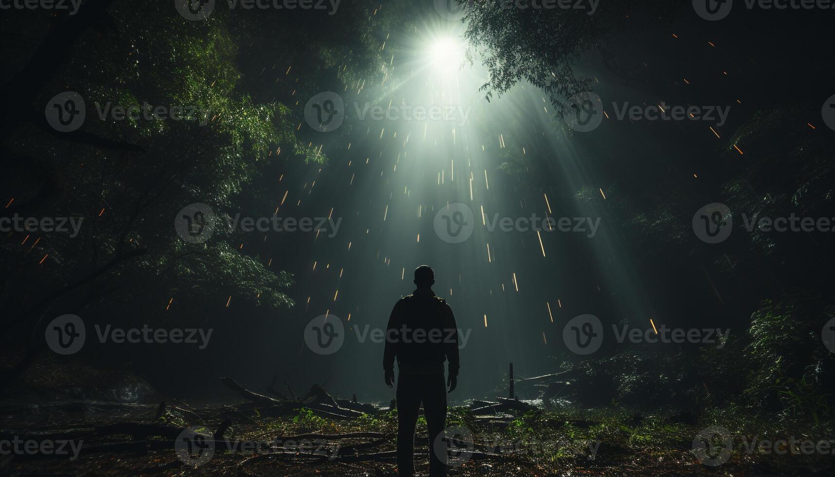 AI generated Silhouette of a businessman hiking in a spooky forest generated by AI photo