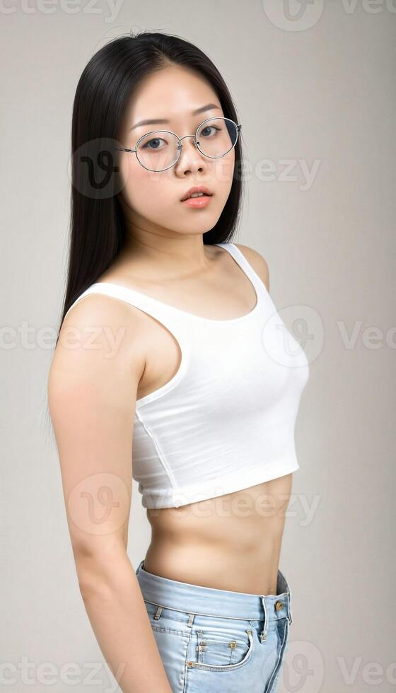 AI generated photo of beautiful young asian woman with crop white top and jeans an glasses standing at white backdrop, generative AI