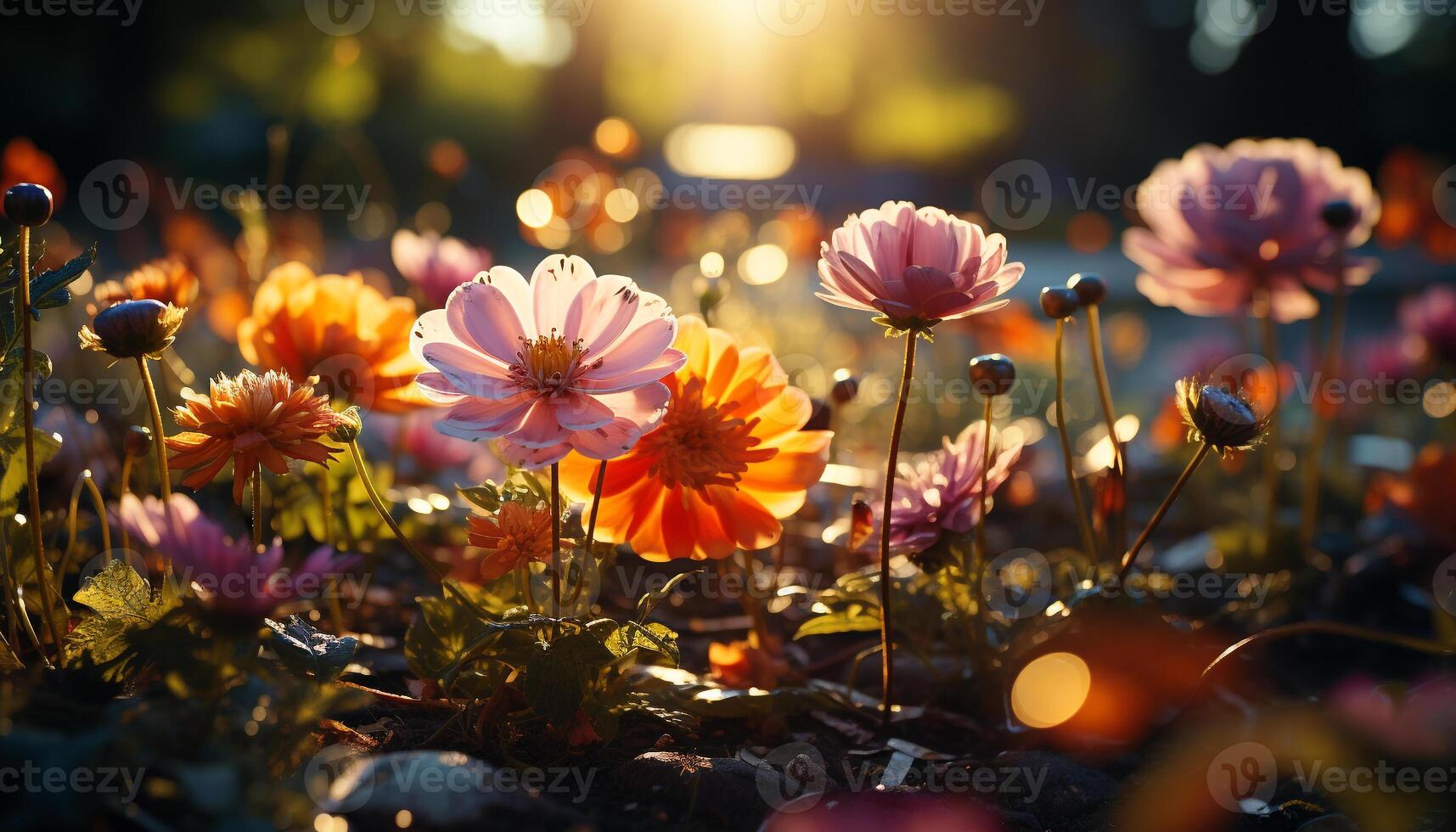 AI generated Vibrant daisy blossoms in a meadow at sunset generated by AI photo