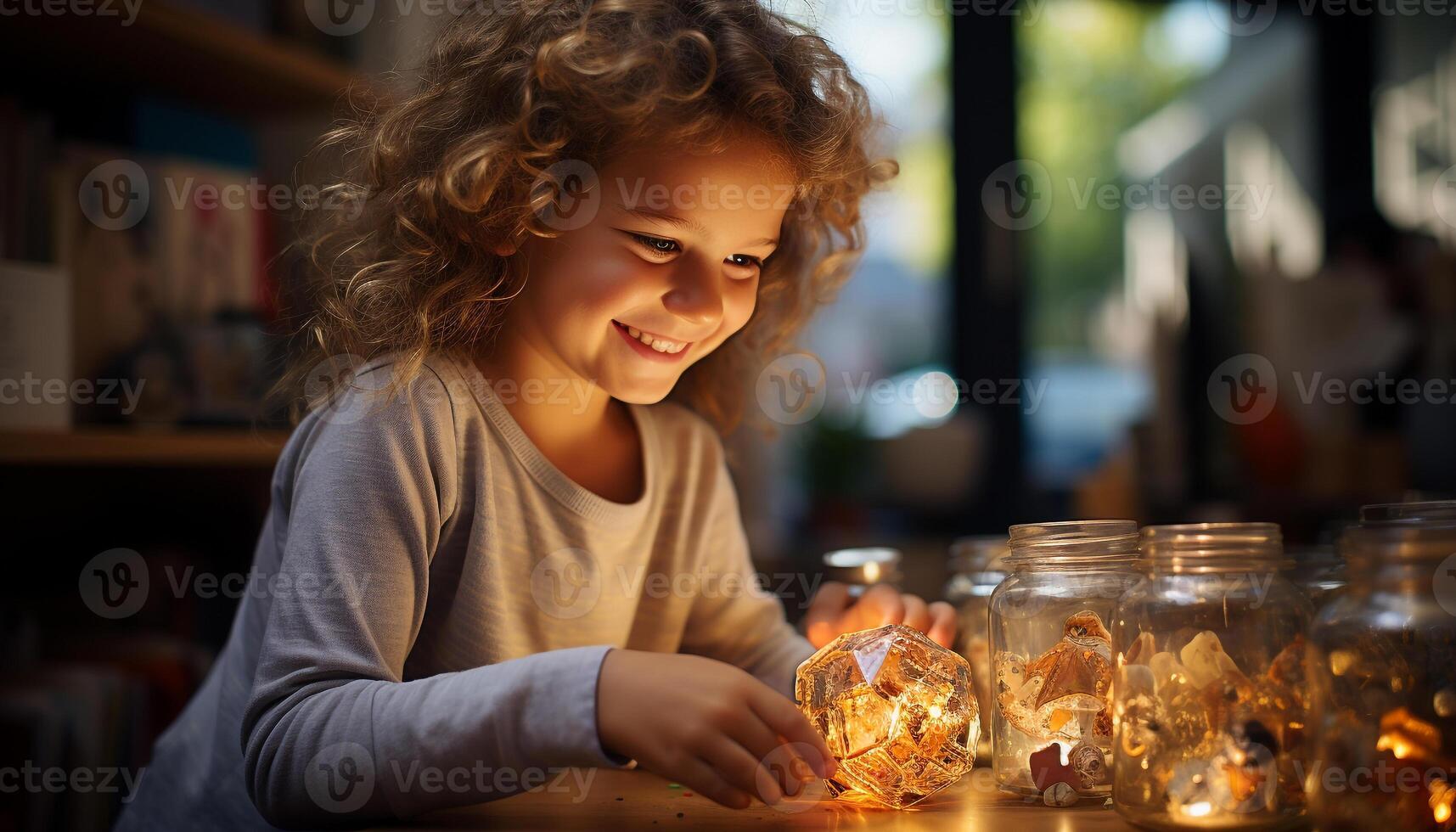 AI generated Smiling child enjoying playful indoor leisure activities generated by AI photo