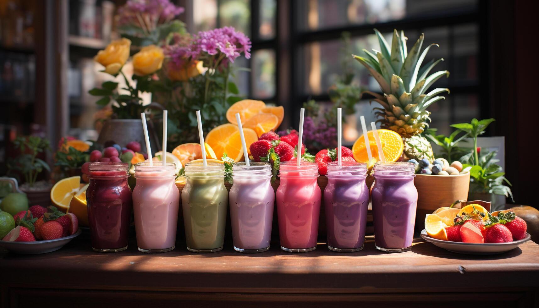AI generated Freshness and variety in a colorful fruit smoothie generated by AI photo