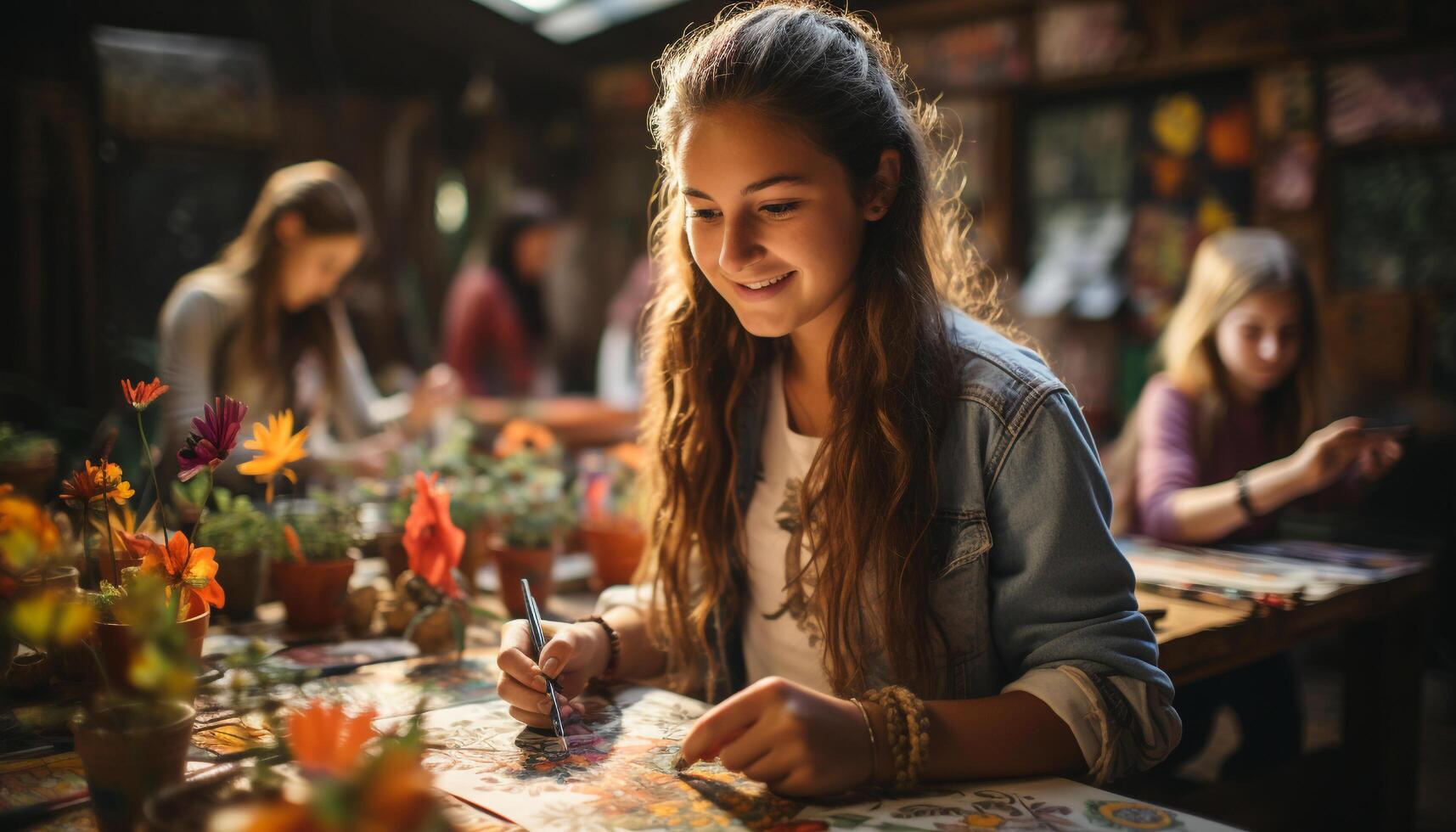 AI generated Smiling women enjoying creativity, sitting at table generated by AI photo