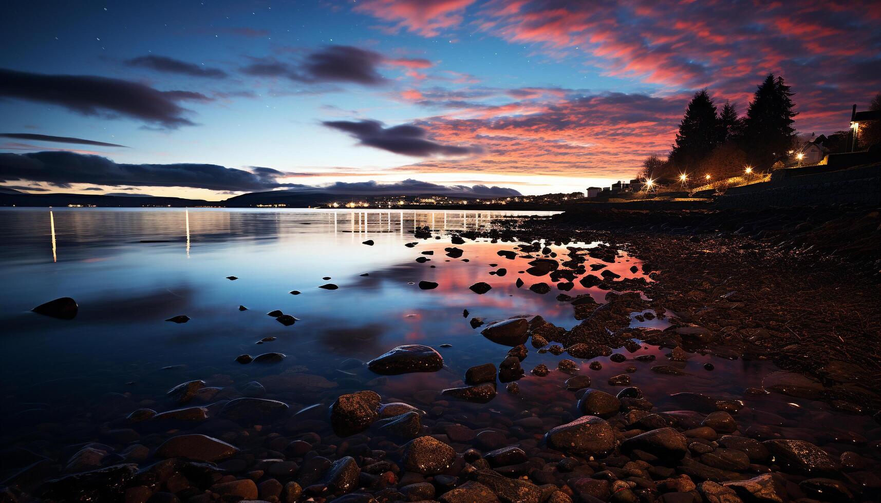 AI generated Tranquil scene, sunset reflects on water edge generated by AI photo