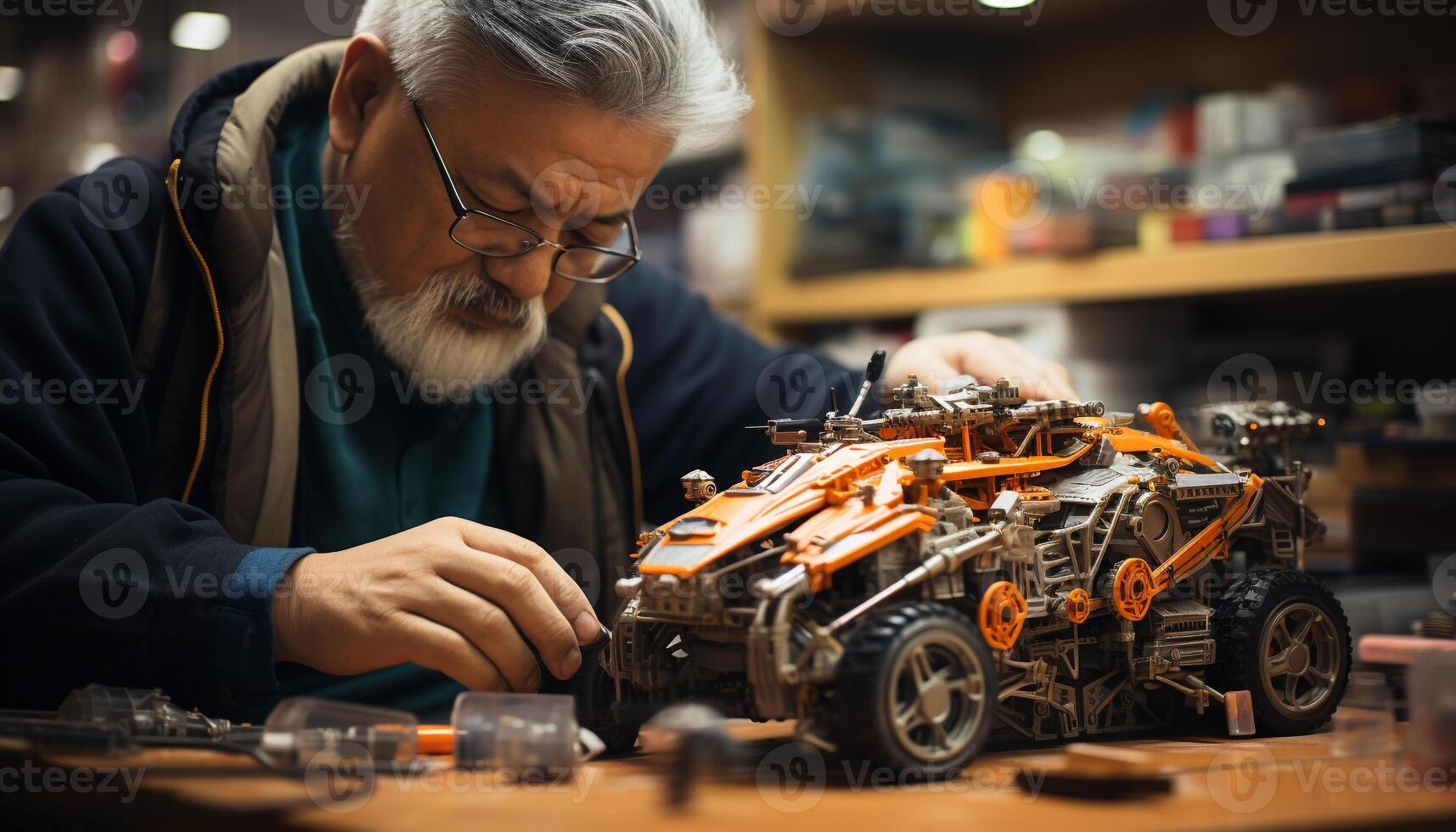 AI generated Senior carpenter repairing equipment with expertise and concentration generated by AI photo