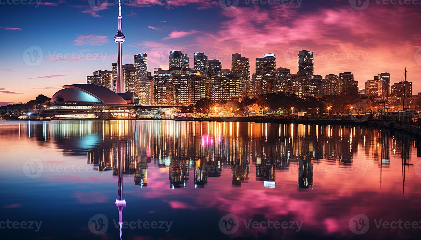 AI generated Skyscrapers illuminate city skyline, reflecting in waterfront dusk generated by AI photo
