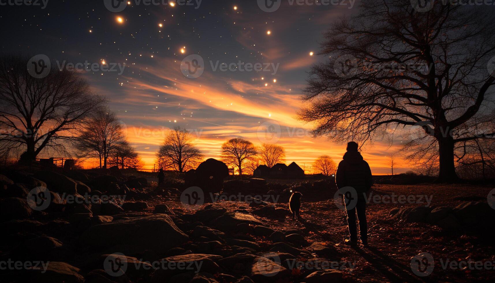 AI generated Silhouette of two men walking in the sunset generated by AI photo