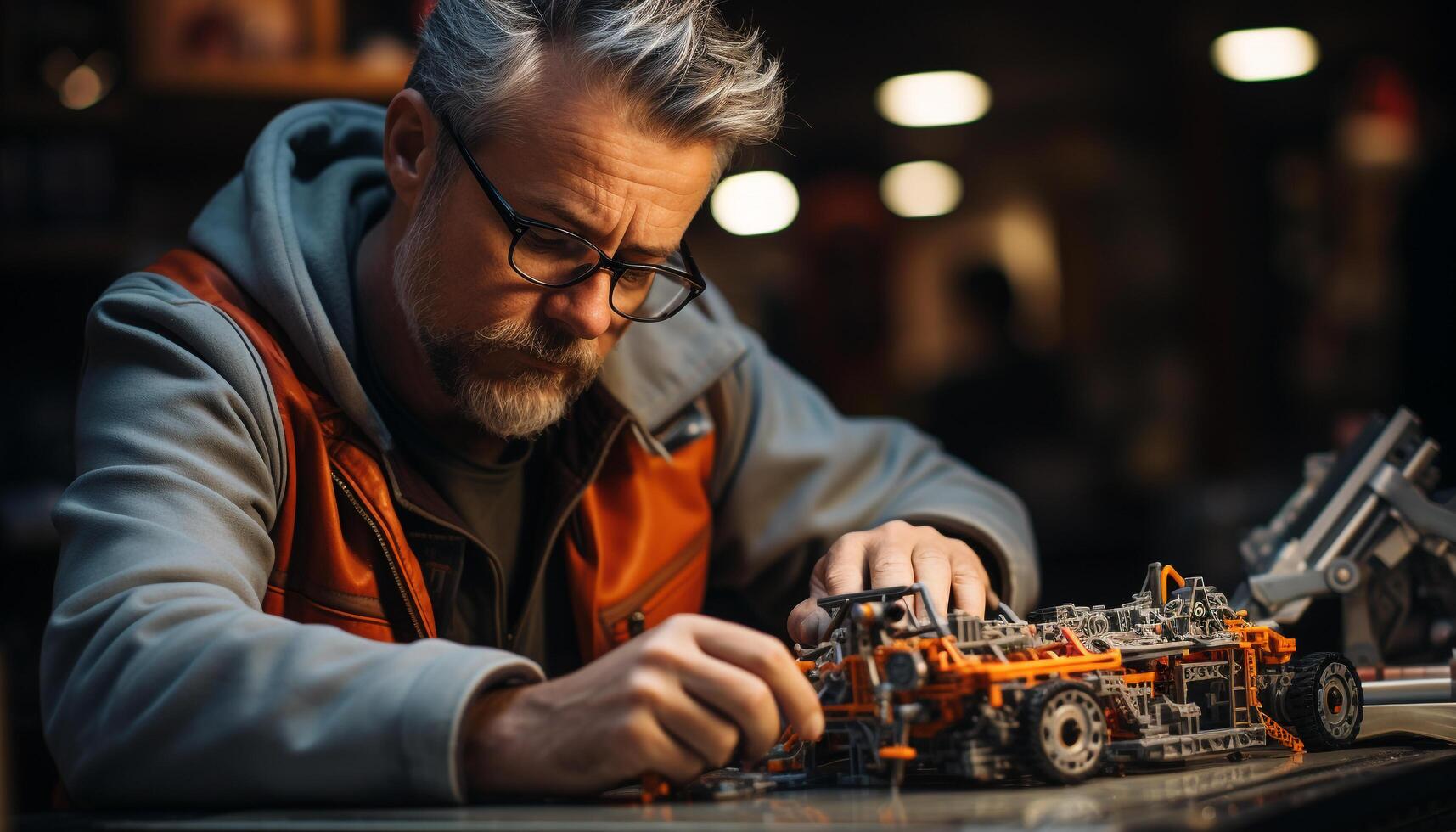 ai generado joven adulto masculino ingeniero reparando maquinaria adentro generado por ai foto