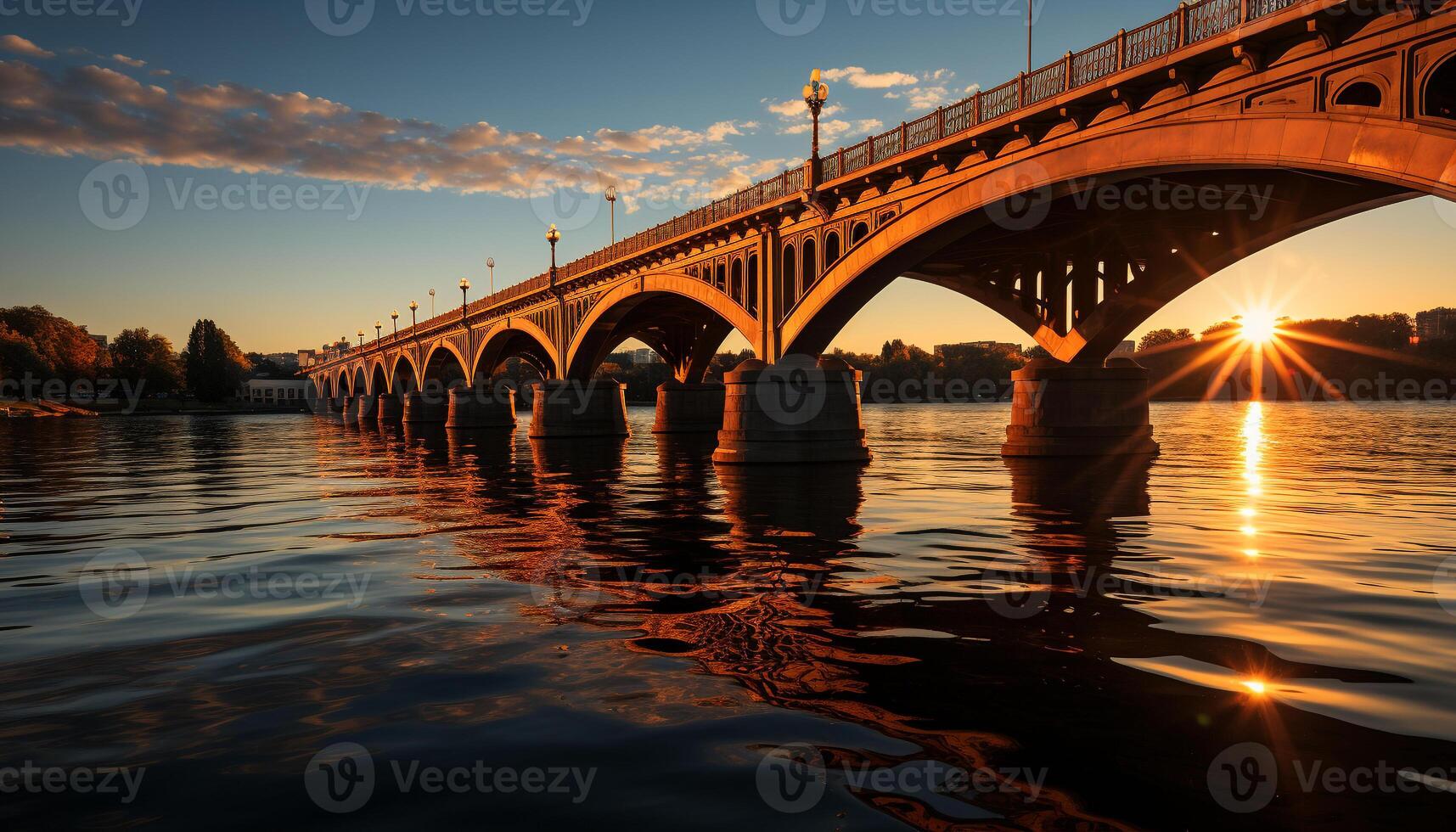 AI generated Sunset over water, reflecting bridge, man made beauty generated by AI photo
