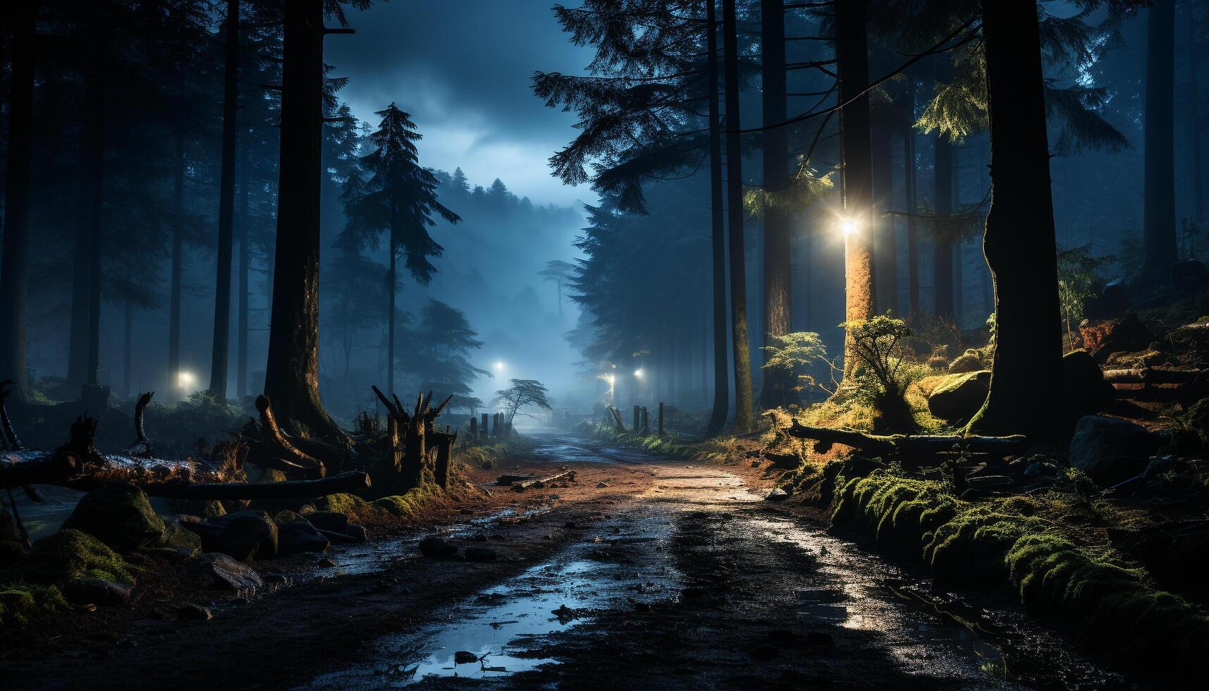 AI generated Mysterious forest at night, spooky beauty in nature generated by AI photo