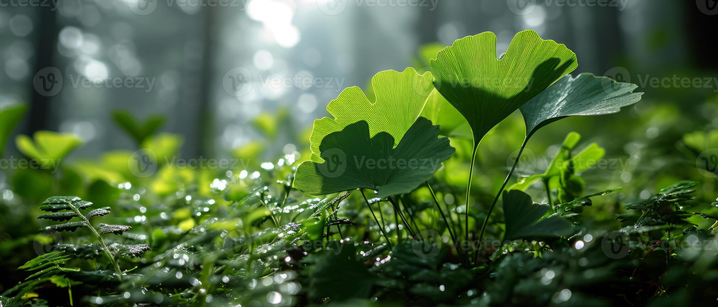 AI generated Fresh Ginkgo Biloba leaves with dew, backlit by the sun photo