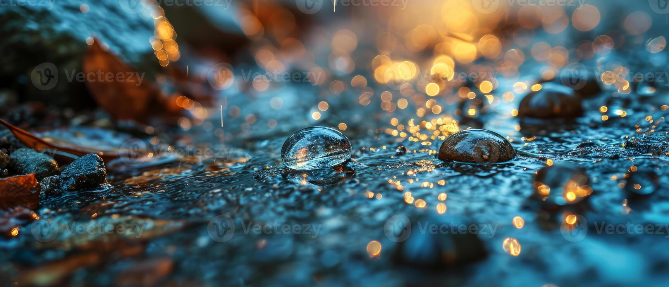 AI generated Shimmering water droplets at twilight with a captivating bokeh effect photo